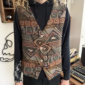 Vintage 90s Earthy Abstract Three-Button Tapestry Vest ~ Size XXL